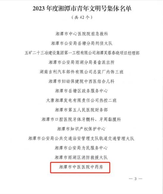 祝贺我院中药房荣获湘潭市青年文明号集体称号、成勇峰医师荣获湘潭市青年岗位能手称号! 祝贺我院中药房荣获湘潭市青年文明号集体称号、成勇峰医师荣获湘潭市青年岗位能手称号!