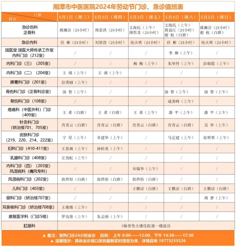 【卓越服务】@所有人 | 湘潭市中医医院2024年五一劳动节门诊、急诊坐诊安排 【卓越服务】@所有人 | 湘潭市中医医院2024年五一劳动节门诊、急诊坐诊安排