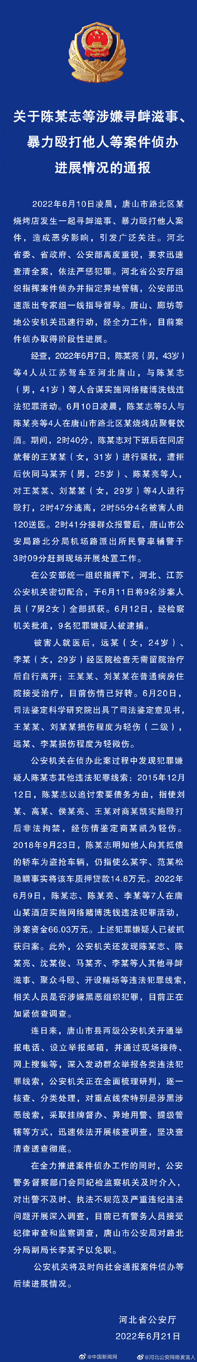 唐山被打女子现状公布 警方通报唐山打人案侦办进展 唐山被打女子现状公布 警方通报唐山打人案侦办进展