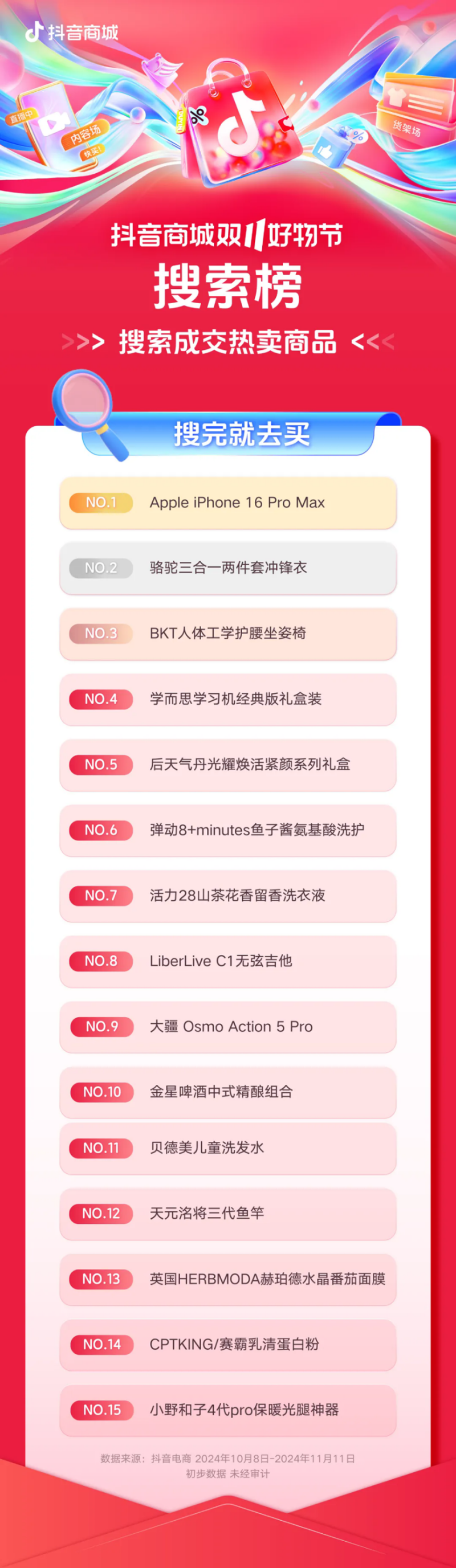 双11搜索榜单发布：刷、搜、购都在抖音电商！